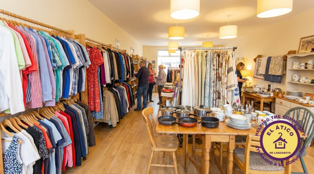 Inside the El Atico shop in Playa Blanca — clothing, furniture, household goods, all donated