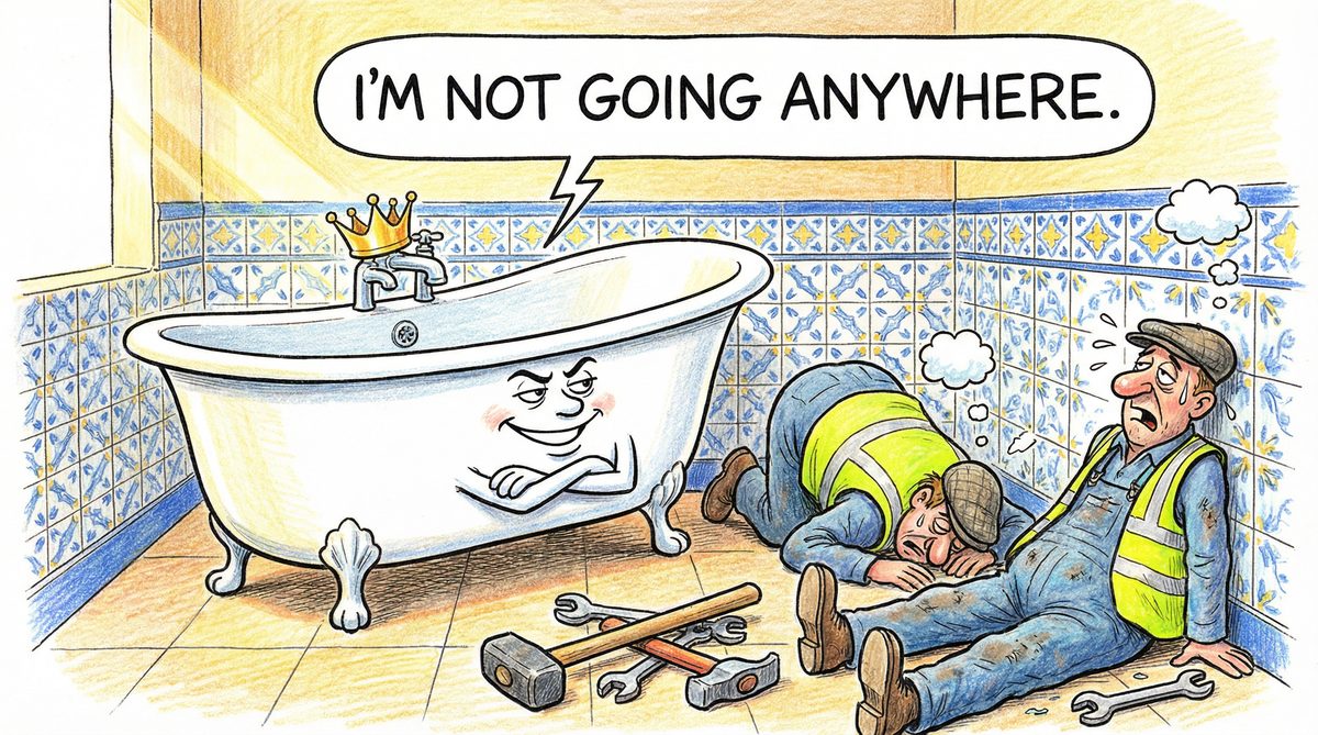 Caricatura de bañera con una corona diciendo "yo no me muevo de aquí" mientras un trabajador yace agotado