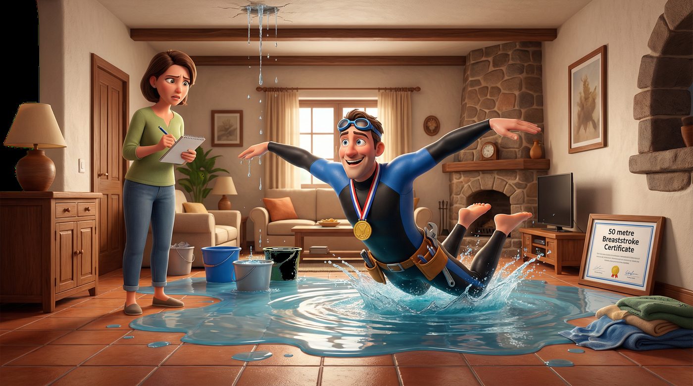 Cartoon: contractor doing breaststroke through a flooded living room with a 50m swimming certificate
