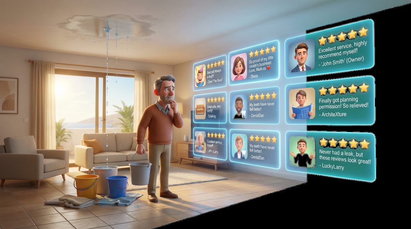 Man scrolling five-star reviews while a flooded living room rises around him
