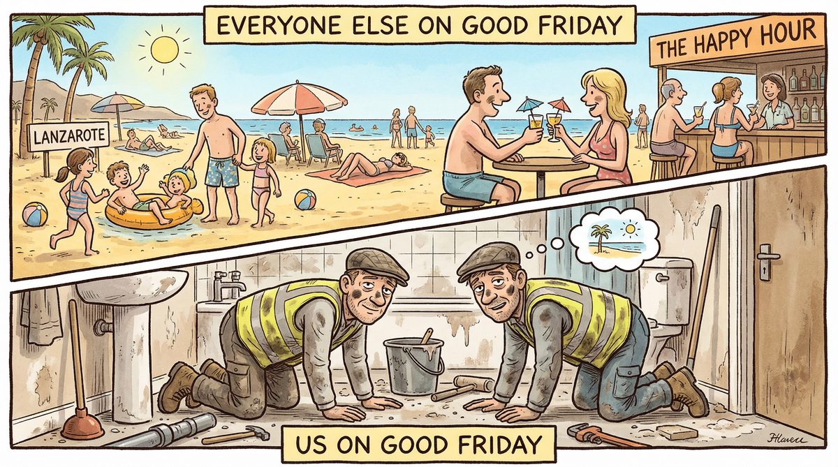 Todos los demás en Viernes Santo en la playa frente a nosotros a cuatro patas en un baño