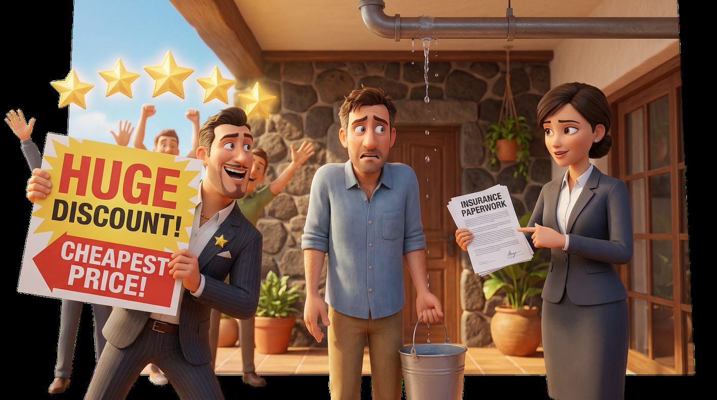 Homeowner with a leak bucket between two contractors — one waving a Huge Discount sign, the other holding paperwork