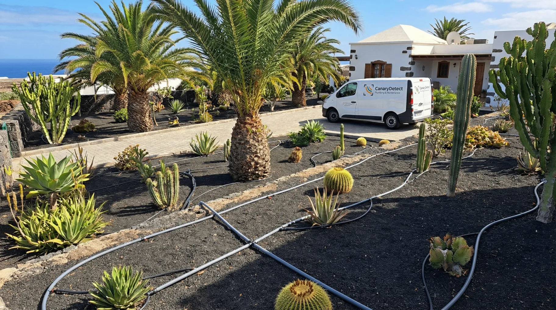 Furgoneta de servicios de fontanería Canary Detect en villa de Lanzarote